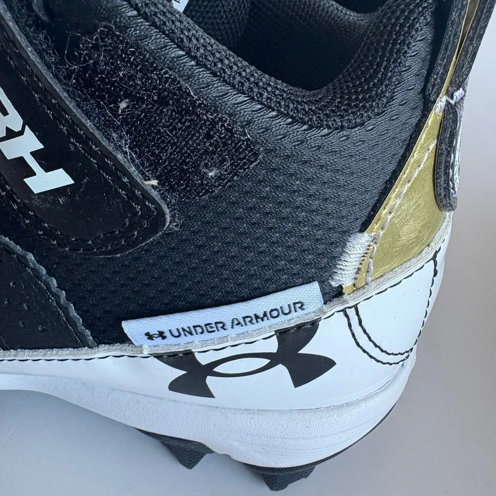 Under Armour Harper 7 Mid RM Jr Baseball Cleats Black White Gold 11K NEW